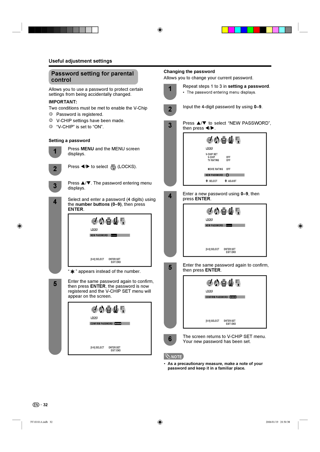 Sharp LC-32D40U, LC-26D40U Password setting for parental, Control, Changing the password, Setting a password 