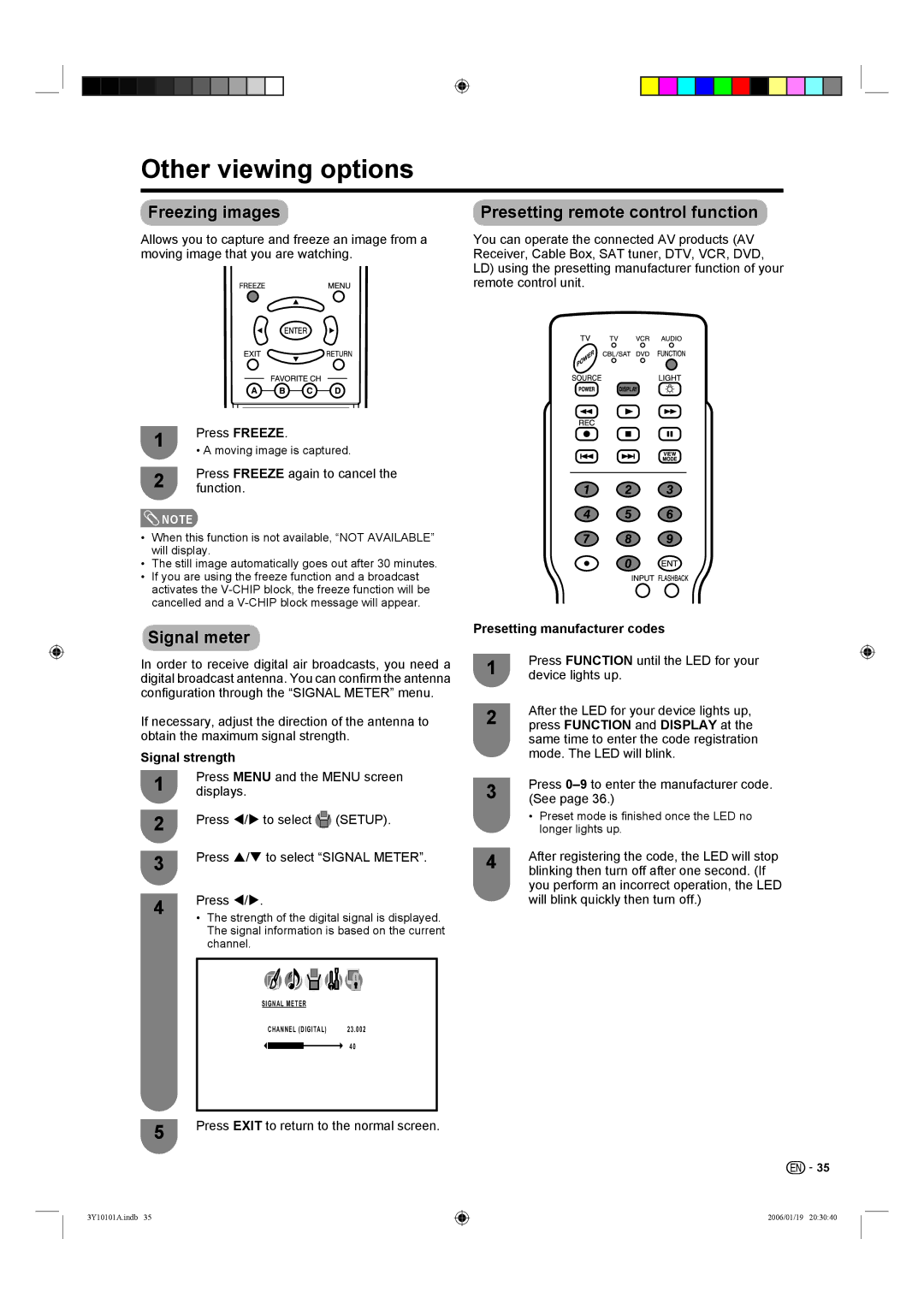 Sharp LC-26D40U, LC-32D40U Other viewing options, Freezing images Presetting remote control function, Signal meter 