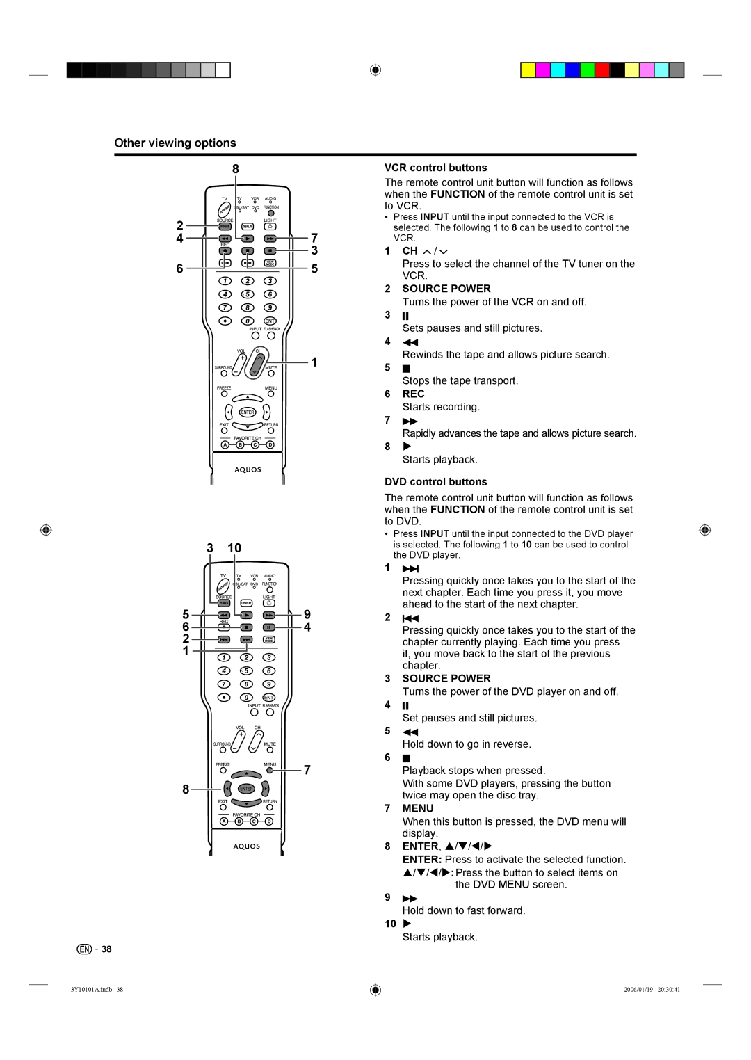 Sharp LC-32D40U, LC-26D40U operation manual VCR control buttons, DVD control buttons 