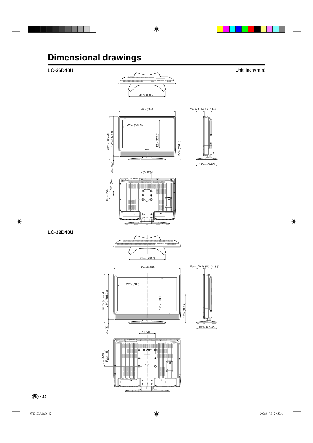 Sharp LC-32D40U operation manual Dimensional drawings, LC-26D40U, Unit inch/mm 