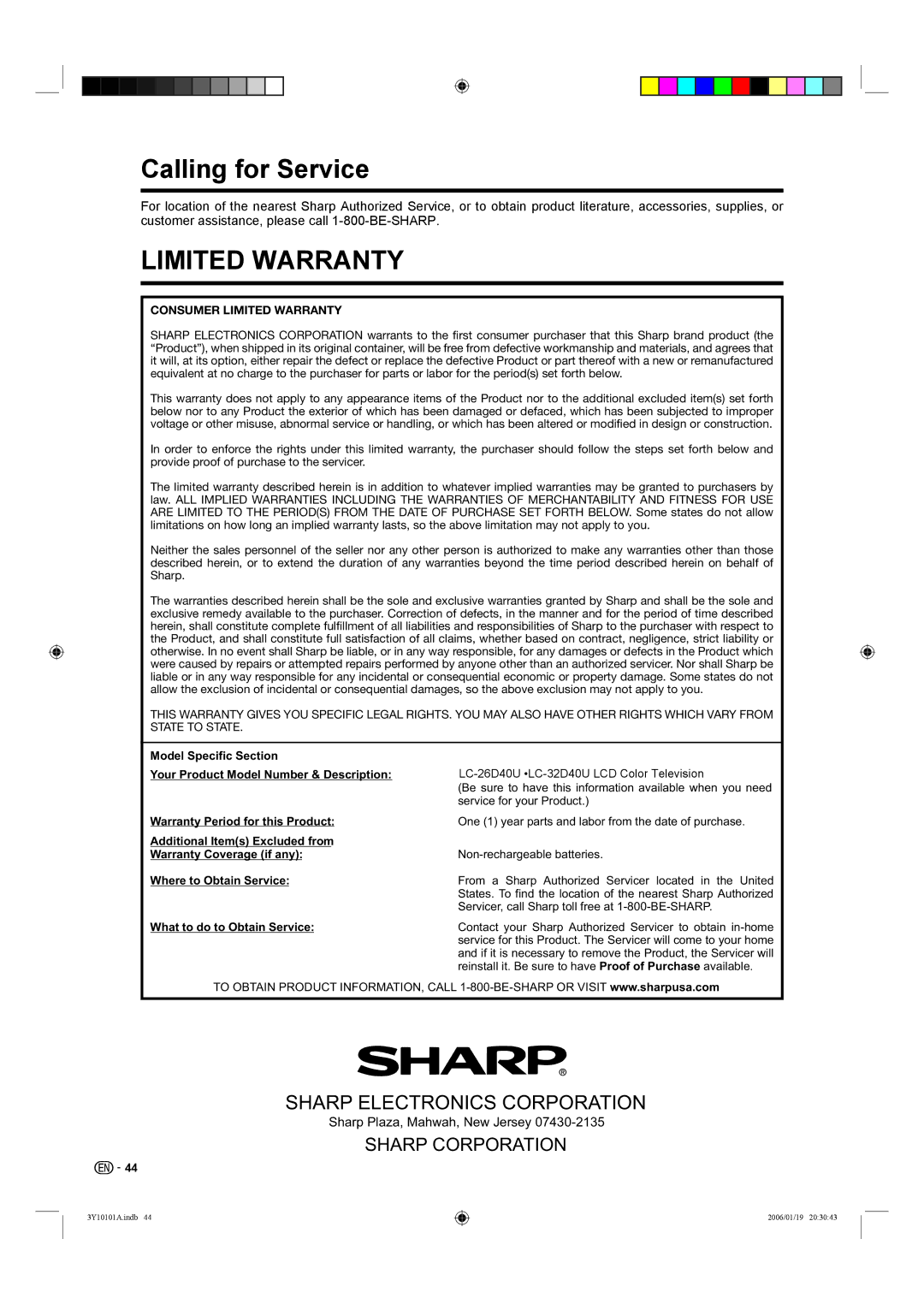 Sharp LC-32D40U, LC-26D40U operation manual Calling for Service, Sharp Plaza, Mahwah, New Jersey, Consumer Limited Warranty 