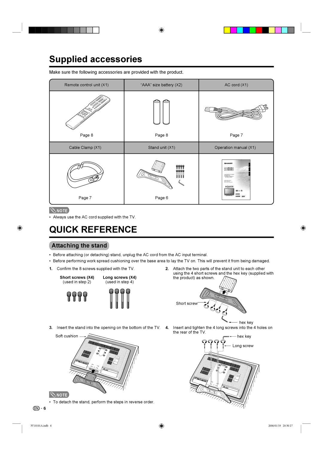 Sharp LC-32D40U, LC-26D40U operation manual Supplied accessories, Attaching the stand 