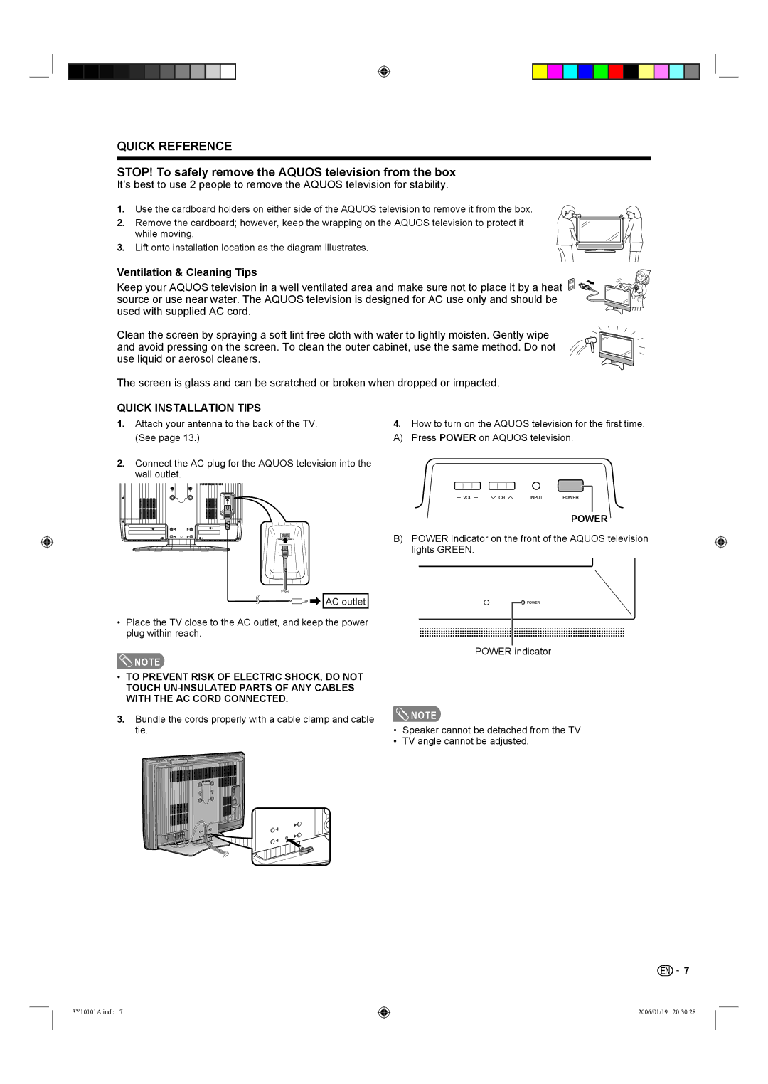 Sharp LC-26D40U, LC-32D40U STOP! To safely remove the Aquos television from the box, Ventilation & Cleaning Tips, Power 