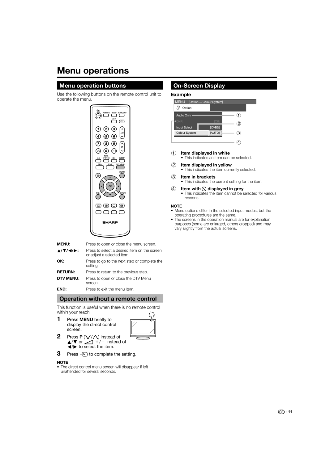 Sharp LC-32D44E, LC-32D44S Menu operations, Menu operation buttons, Operation without a remote control, On-Screen Display 