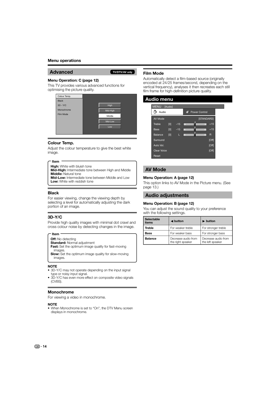 Sharp LC-32D44S, LC-32D44E operation manual Advanced, Audio menu, Audio adjustments 