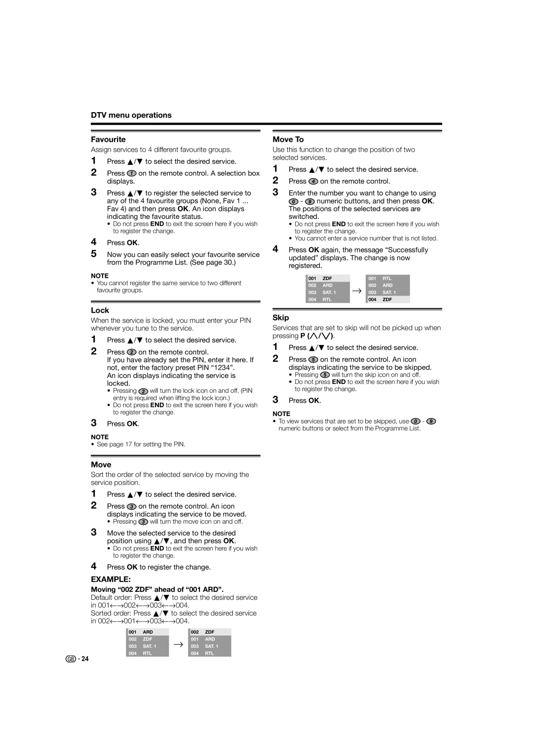 Sharp LC-32D44S, LC-32D44E operation manual DTV menu operations Favourite, Move To, Lock, Skip 