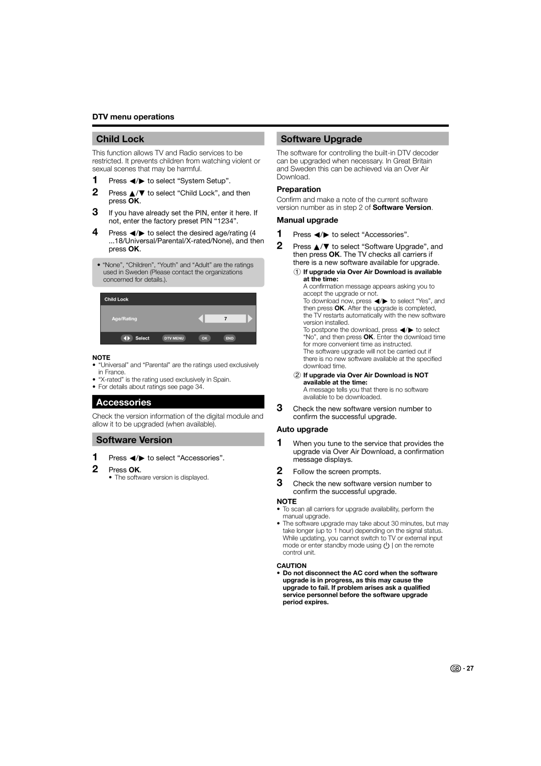 Sharp LC-32D44E, LC-32D44S operation manual Child Lock, Accessories, Software Version, Software Upgrade 