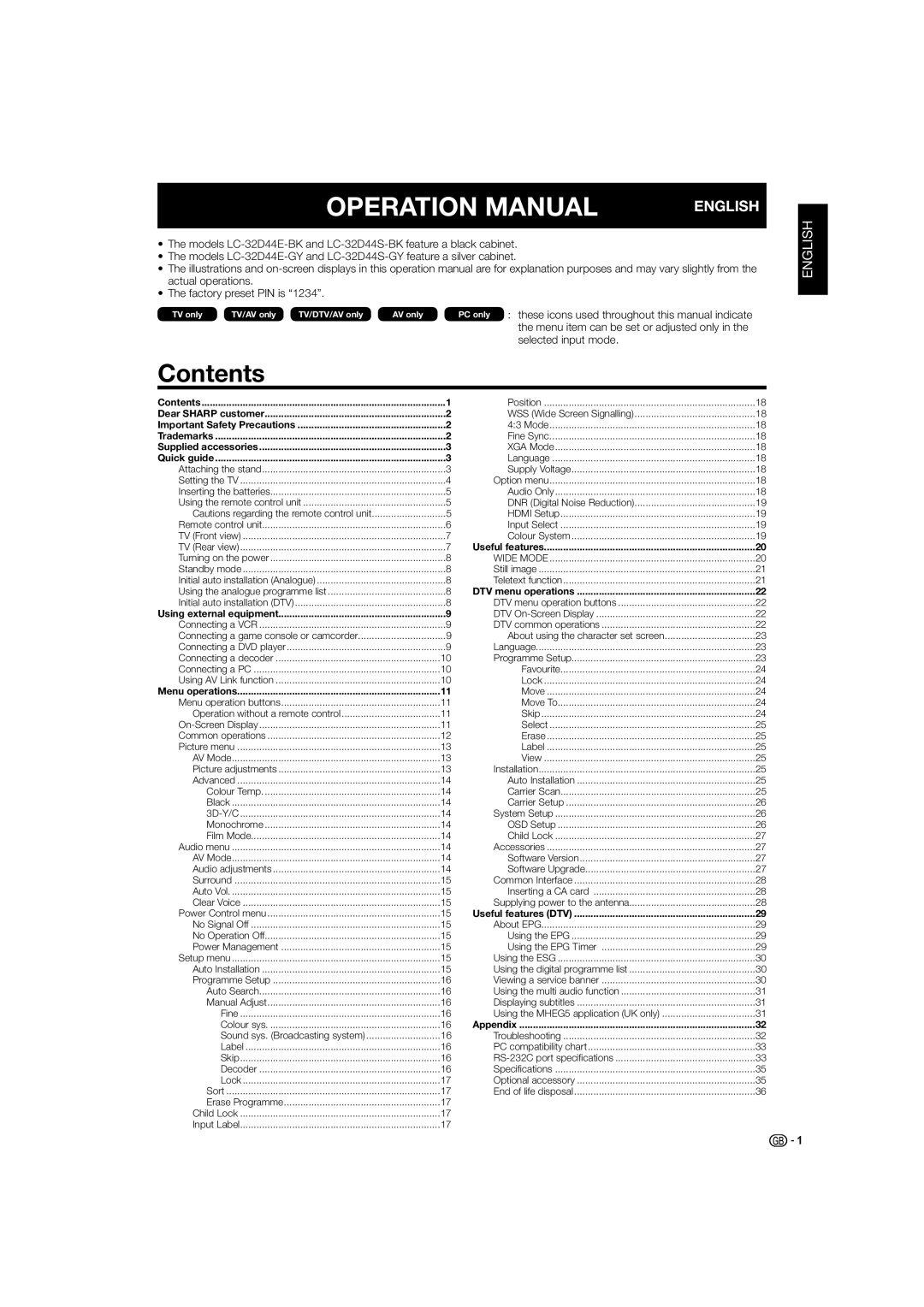 Sharp LC-32D44E, LC-32D44S operation manual Contents 