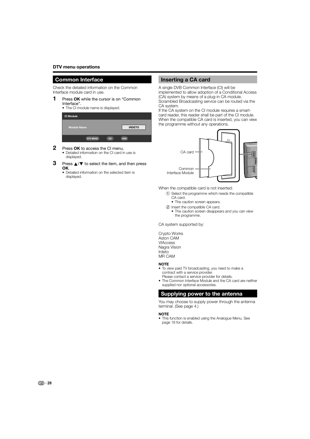 Sharp LC-32D44S, LC-32D44E operation manual Common Interface, Inserting a CA card, Supplying power to the antenna 