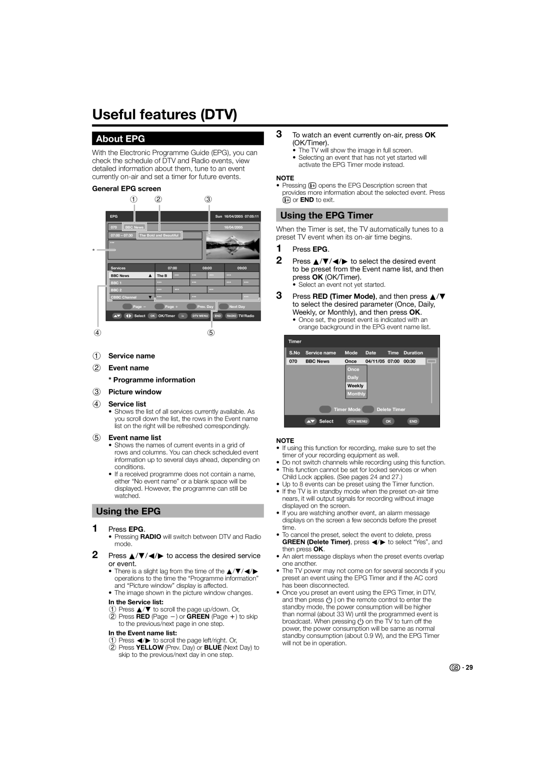 Sharp LC-32D44E, LC-32D44S operation manual Useful features DTV, About EPG, Using the EPG Timer 