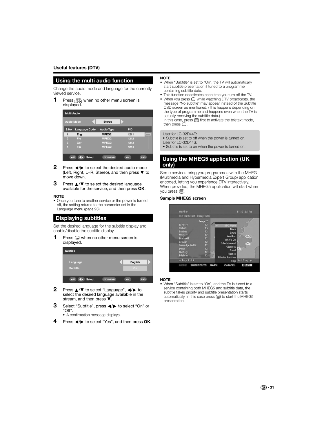 Sharp LC-32D44E, LC-32D44S Using the multi audio function, Displaying subtitles, Using the MHEG5 application UK only 