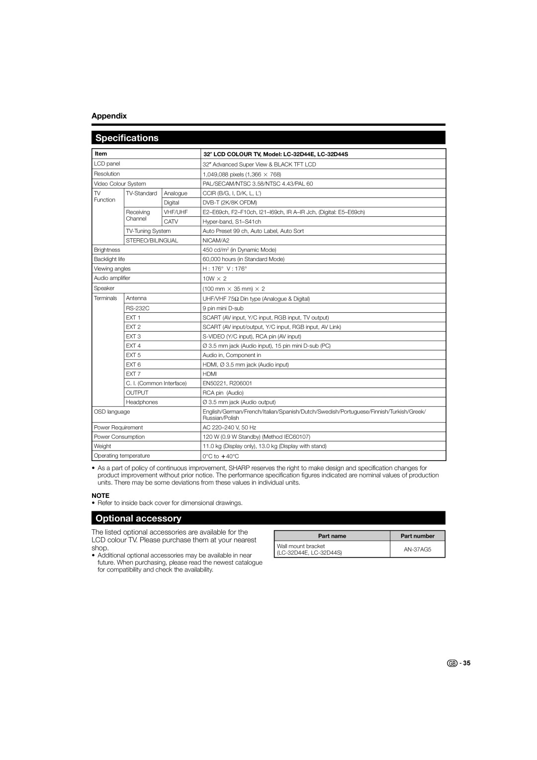 Sharp Specifications, Optional accessory, 32o LCD Colour TV, Model LC-32D44E, LC-32D44S, Part name Part number 