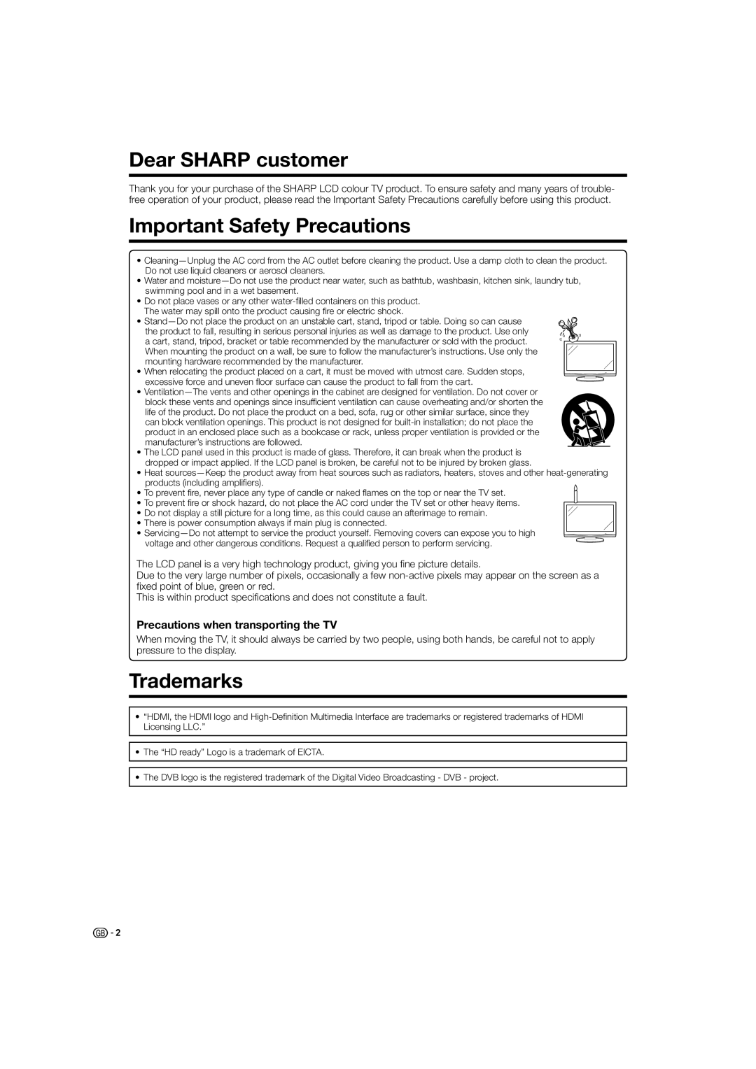 Sharp LC-32D44S Dear Sharp customer, Important Safety Precautions, Trademarks, Precautions when transporting the TV 