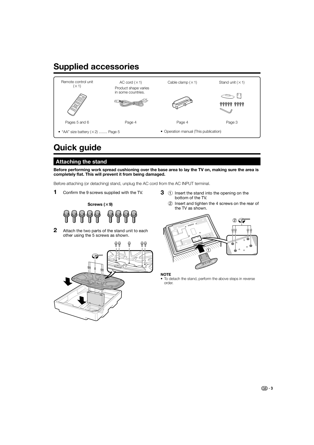 Sharp LC-32D44E, LC-32D44S Supplied accessories, Quick guide, Attaching the stand, Screws m9, screws on the rear 