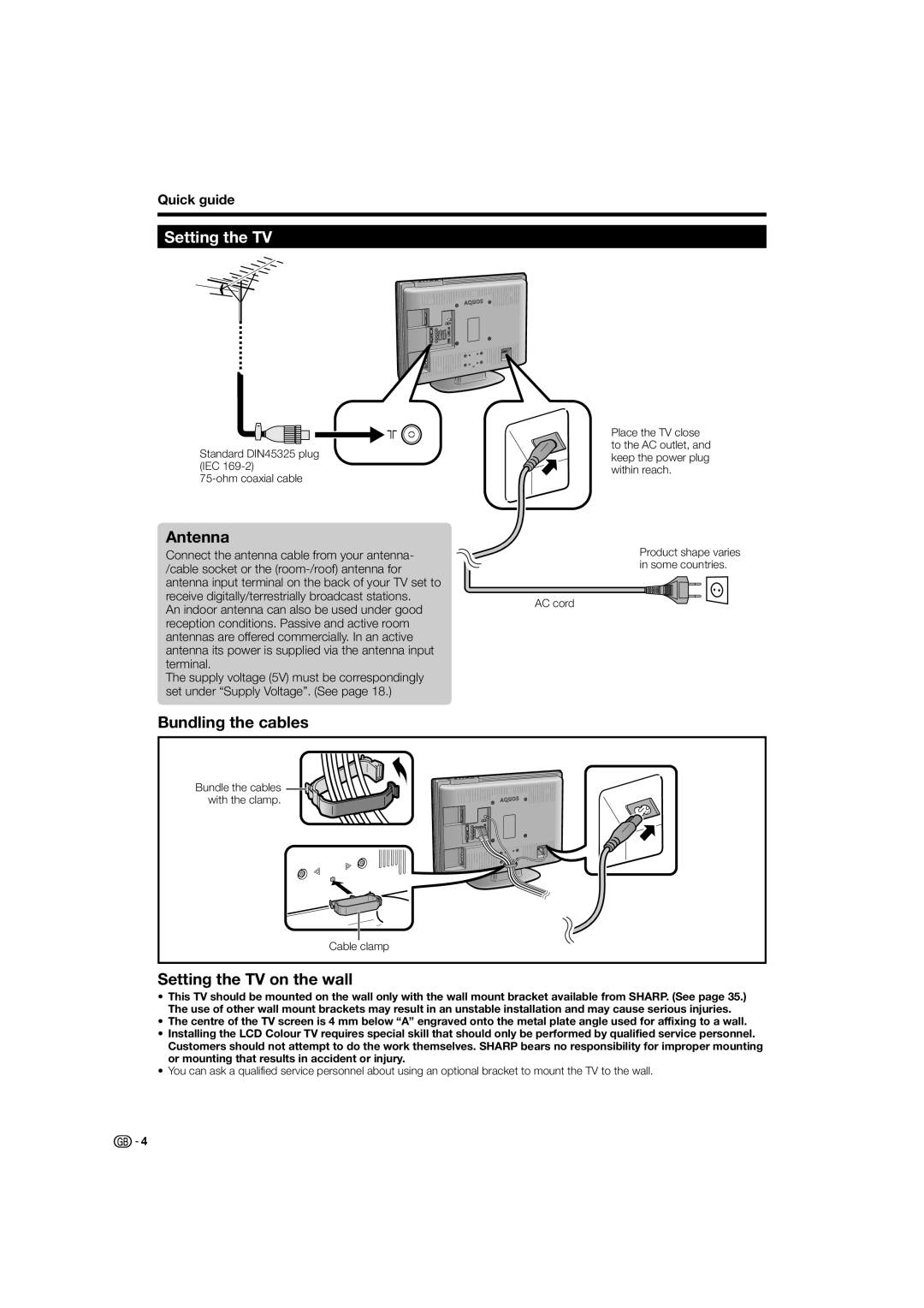 Sharp LC-32D44S, LC-32D44E operation manual Antenna, Bundling the cables, Setting the TV on the wall, Quick guide 