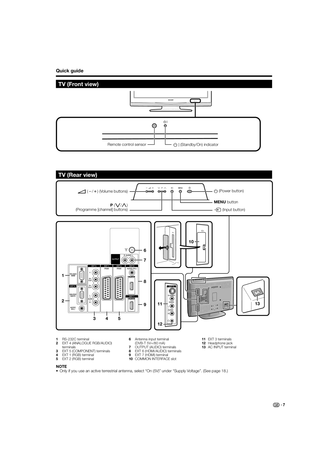 Sharp LC-32D44E, LC-32D44S operation manual TV Front view, TV Rear view, Remote control sensor 