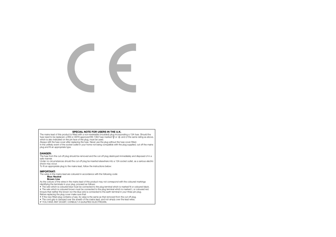 Sharp LC-32D44S, LC-32D44E operation manual Special Note for Users in the U.K, Blue Neutral Brown Live 