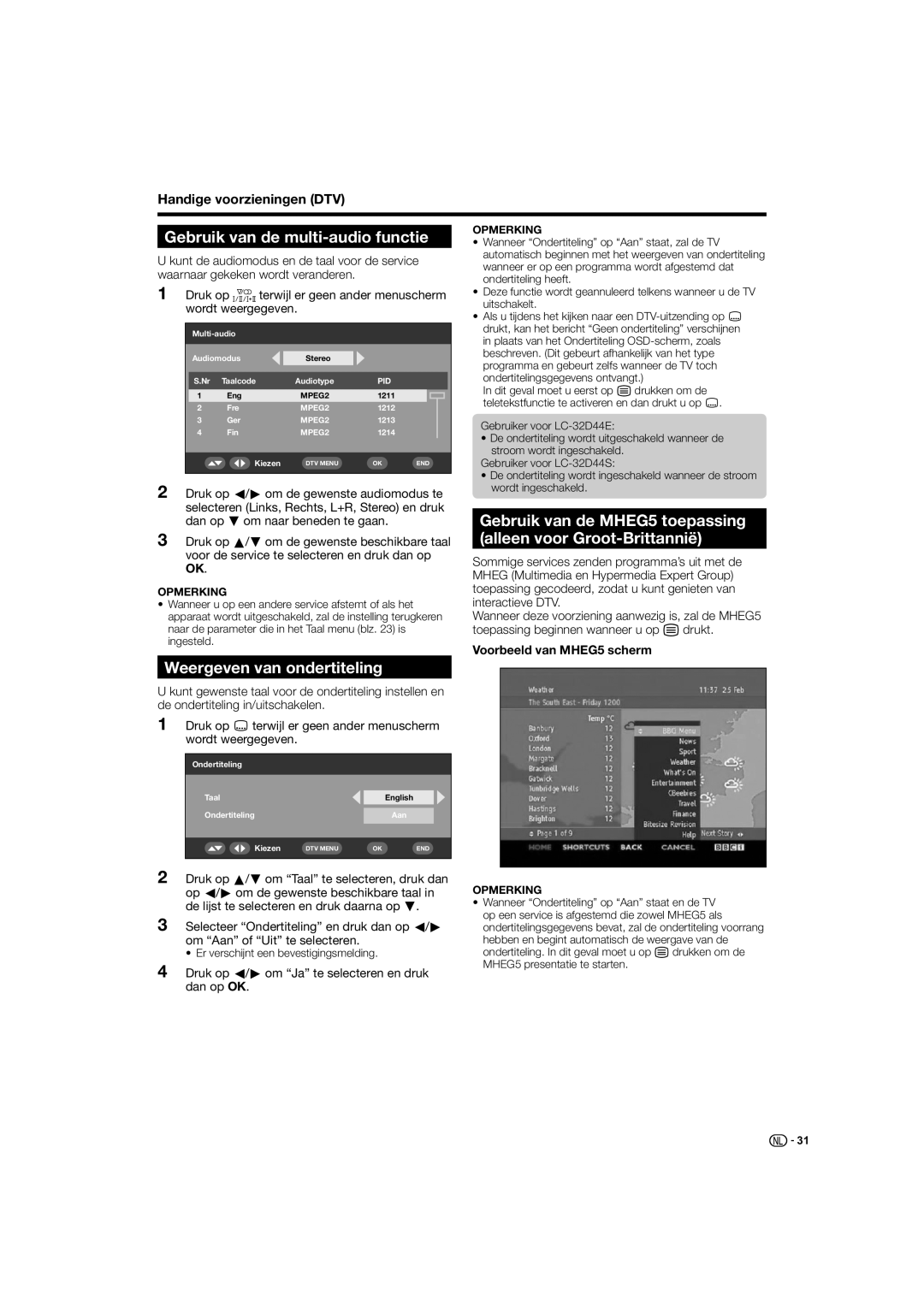 Sharp LC-32D44E, LC-32D44S Gebruik van de multi-audio functie, Weergeven van ondertiteling, Voorbeeld van MHEG5 scherm 