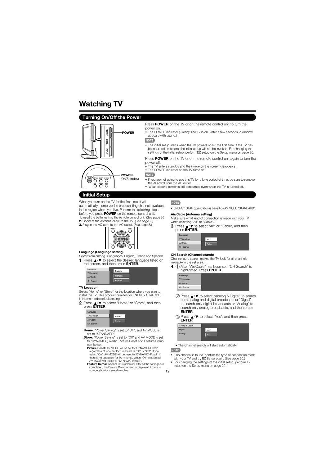 Sharp LC 32D47U operation manual Watching TV, Turning On/Off the Power, Initial Setup 