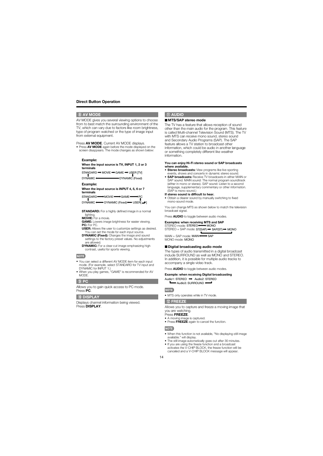 Sharp LC 32D47U operation manual Direct Button Operation, Example, MTS/SAP stereo mode, Digital broadcasting audio mode 