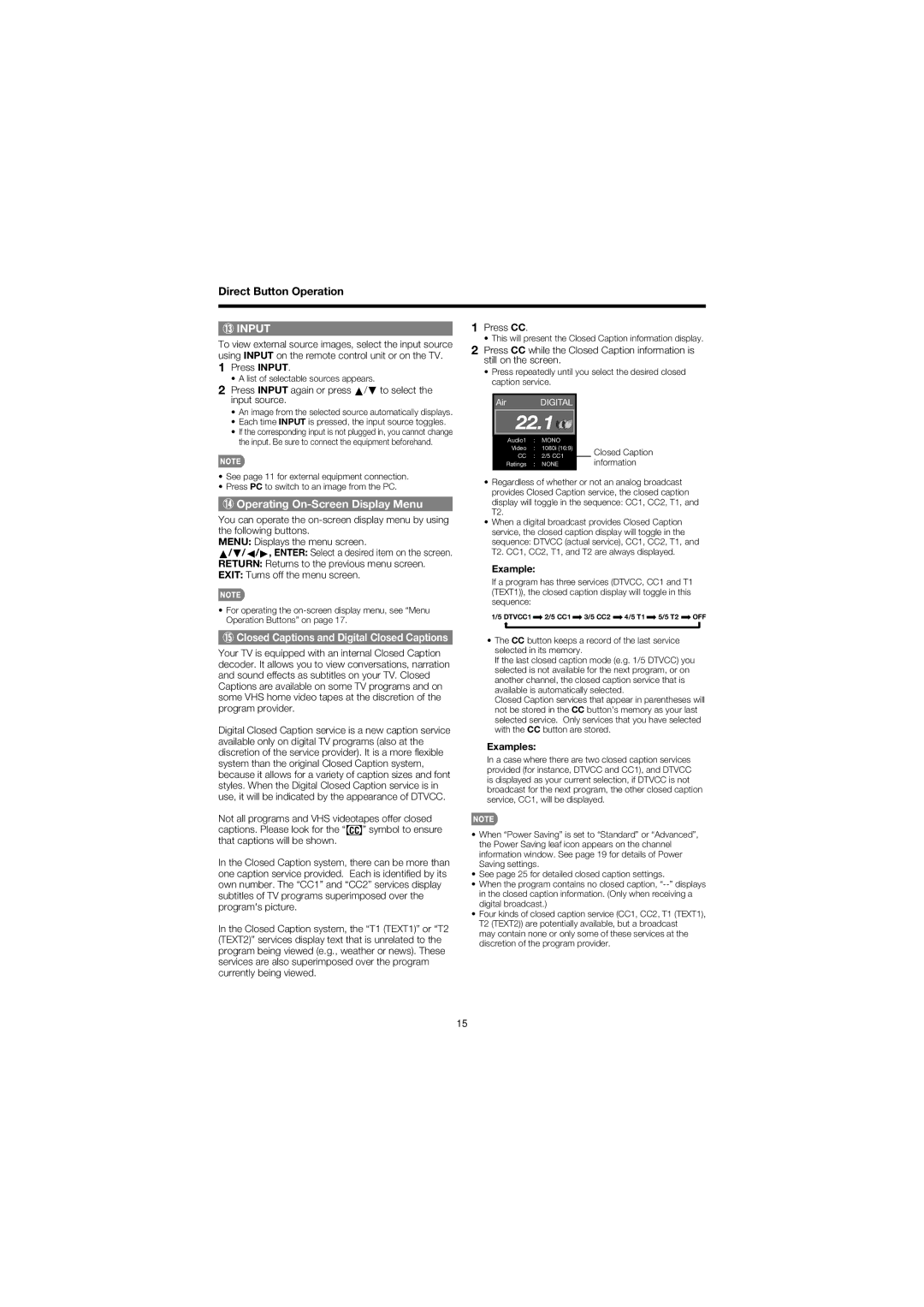 Sharp LC 32D47U Press Input again or press a/b to select the input source, Press CC, Operating On-Screen Display Menu 