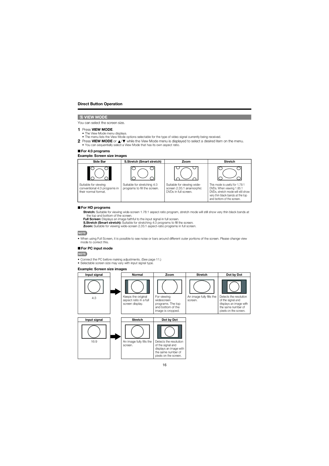 Sharp LC 32D47U operation manual You can select the screen size, Press View Mode, For HD programs, For PC input mode 