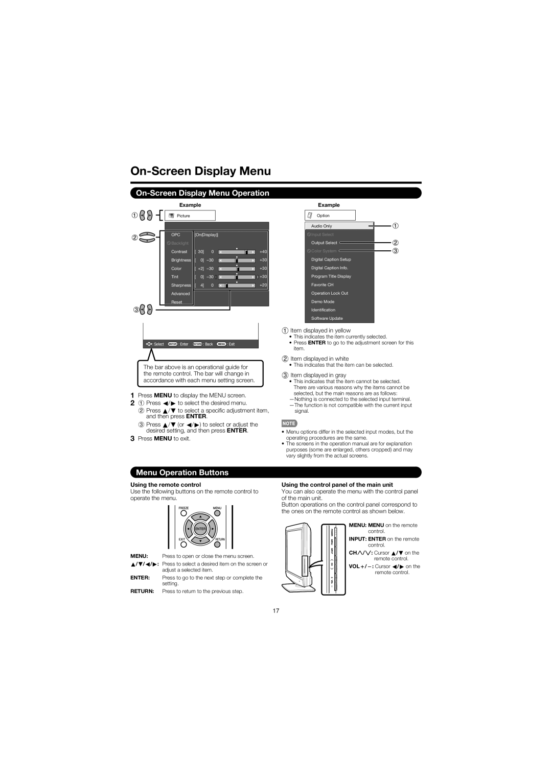 Sharp LC 32D47U operation manual On-Screen Display Menu Operation, Menu Operation Buttons, Using the remote control 