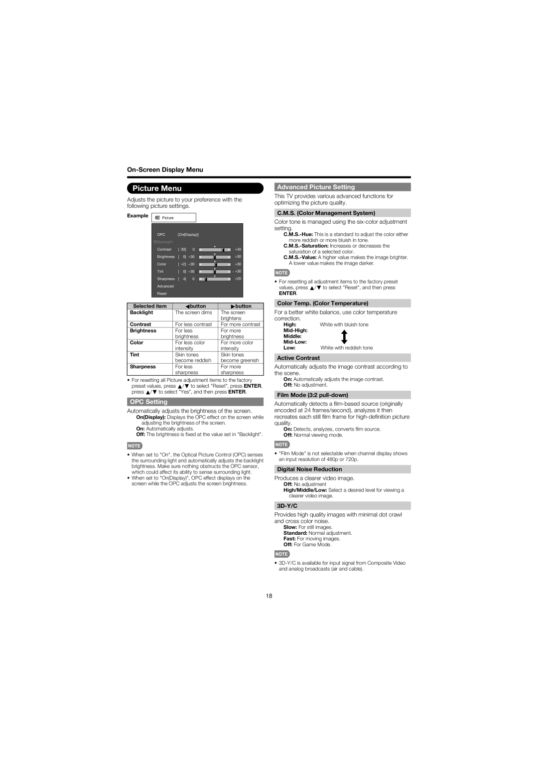 Sharp LC 32D47U operation manual Picture Menu, Advanced Picture Setting, OPC Setting 