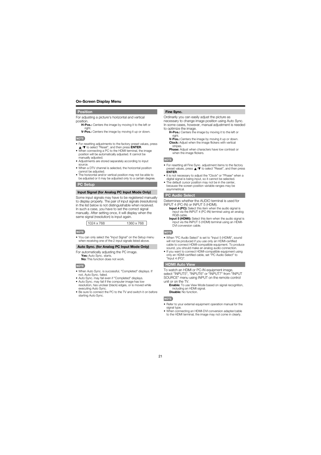 Sharp LC 32D47U operation manual Position, PC Setup, PC Audio Select, Hdmi Auto View 