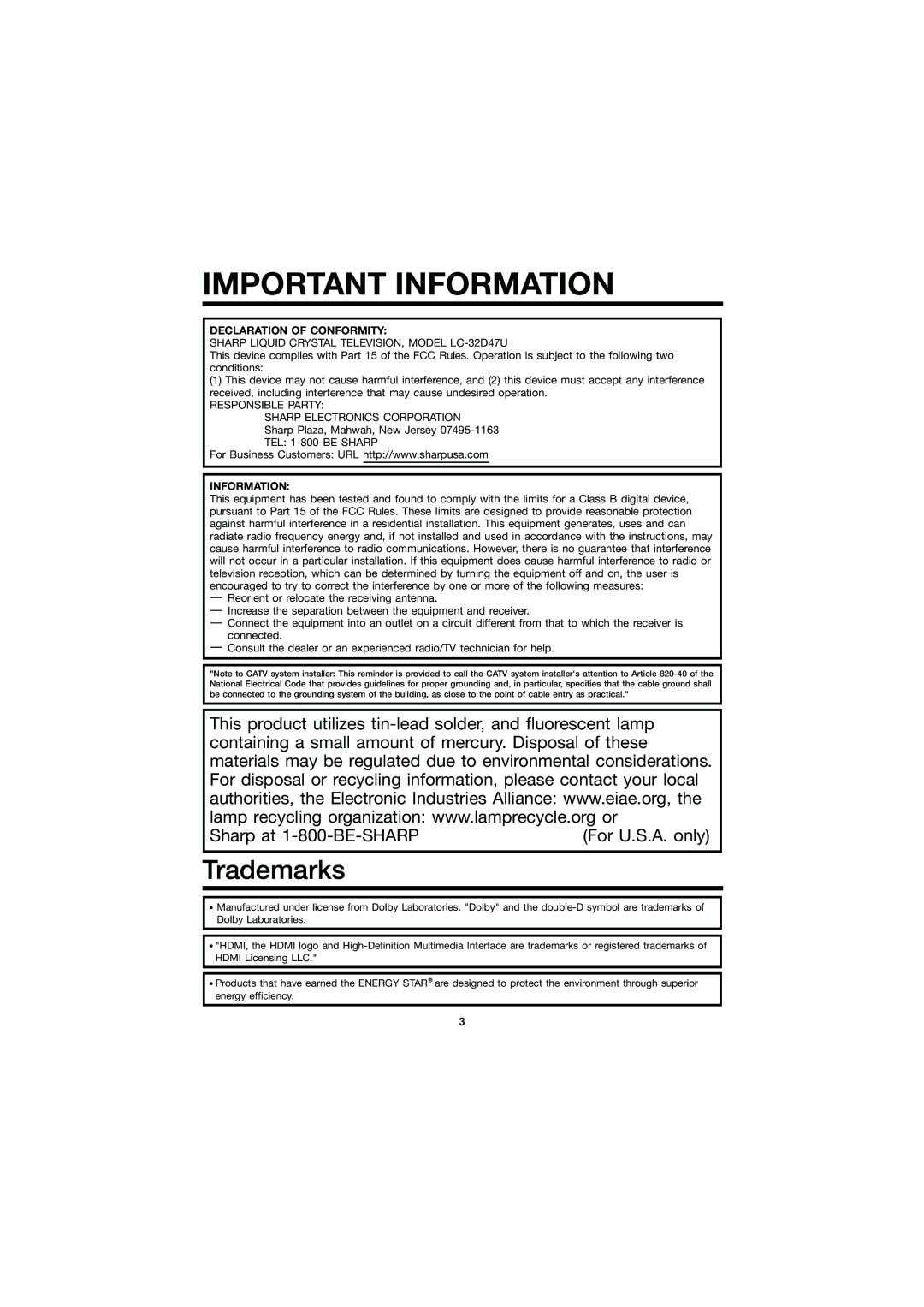 Sharp LC 32D47U operation manual Important Information 