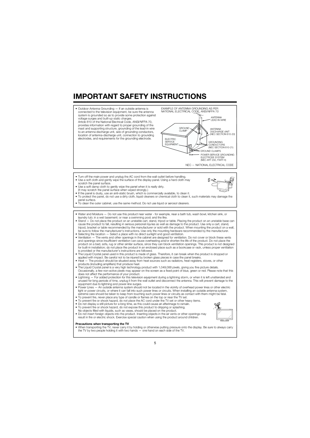 Sharp LC 32D47U operation manual Precautions when transporting the TV 