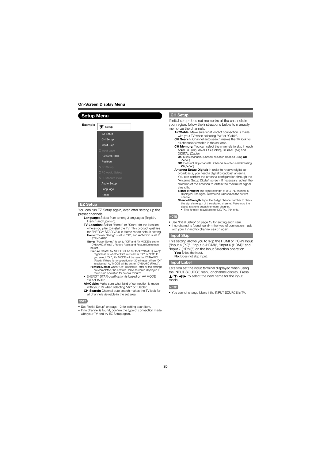 Sharp LC-32D47UN operation manual Setup Menu, EZ Setup, CH Setup, Input Skip, Input Label 