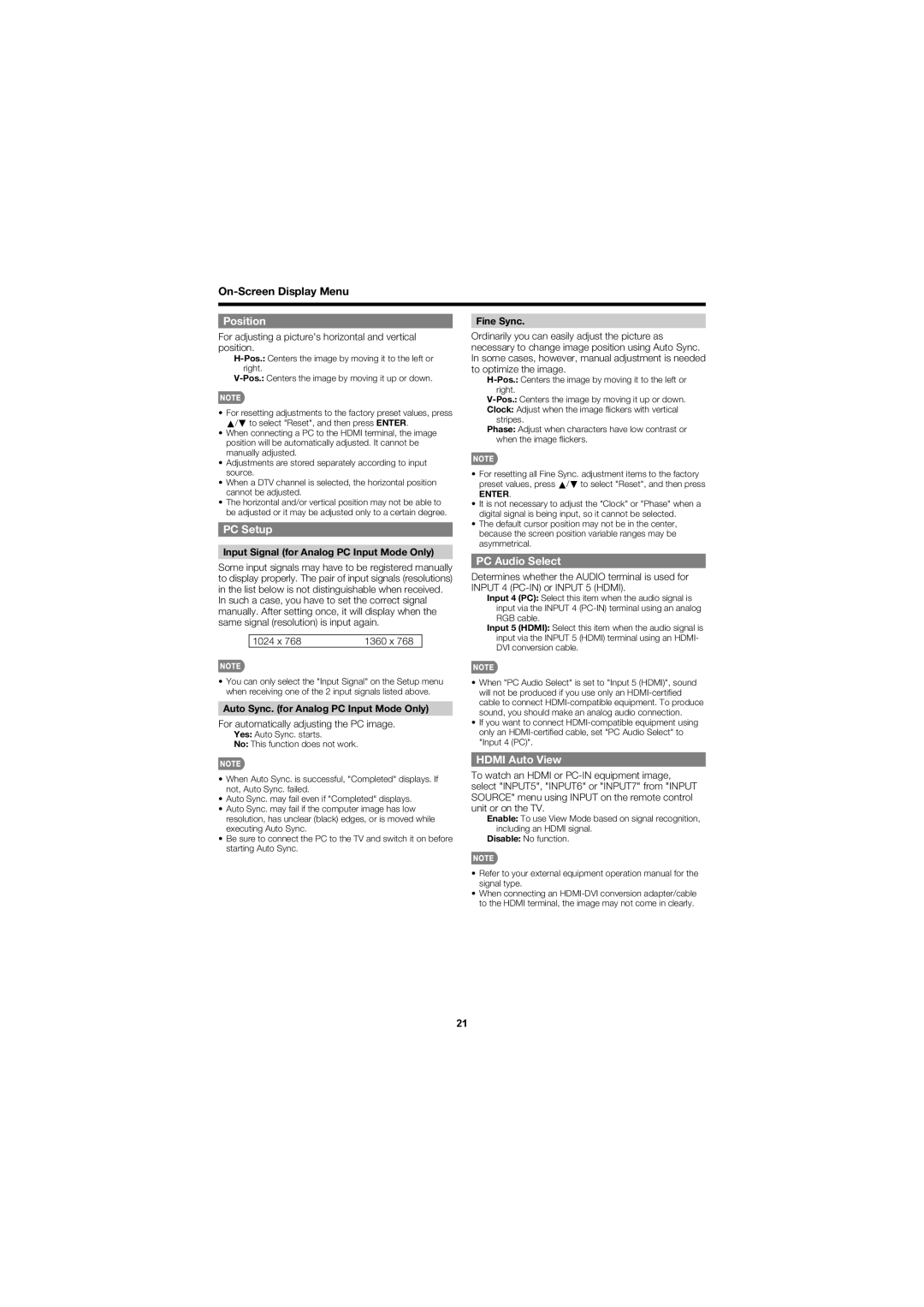 Sharp LC-32D47UN operation manual Position, PC Setup, PC Audio Select, Hdmi Auto View 