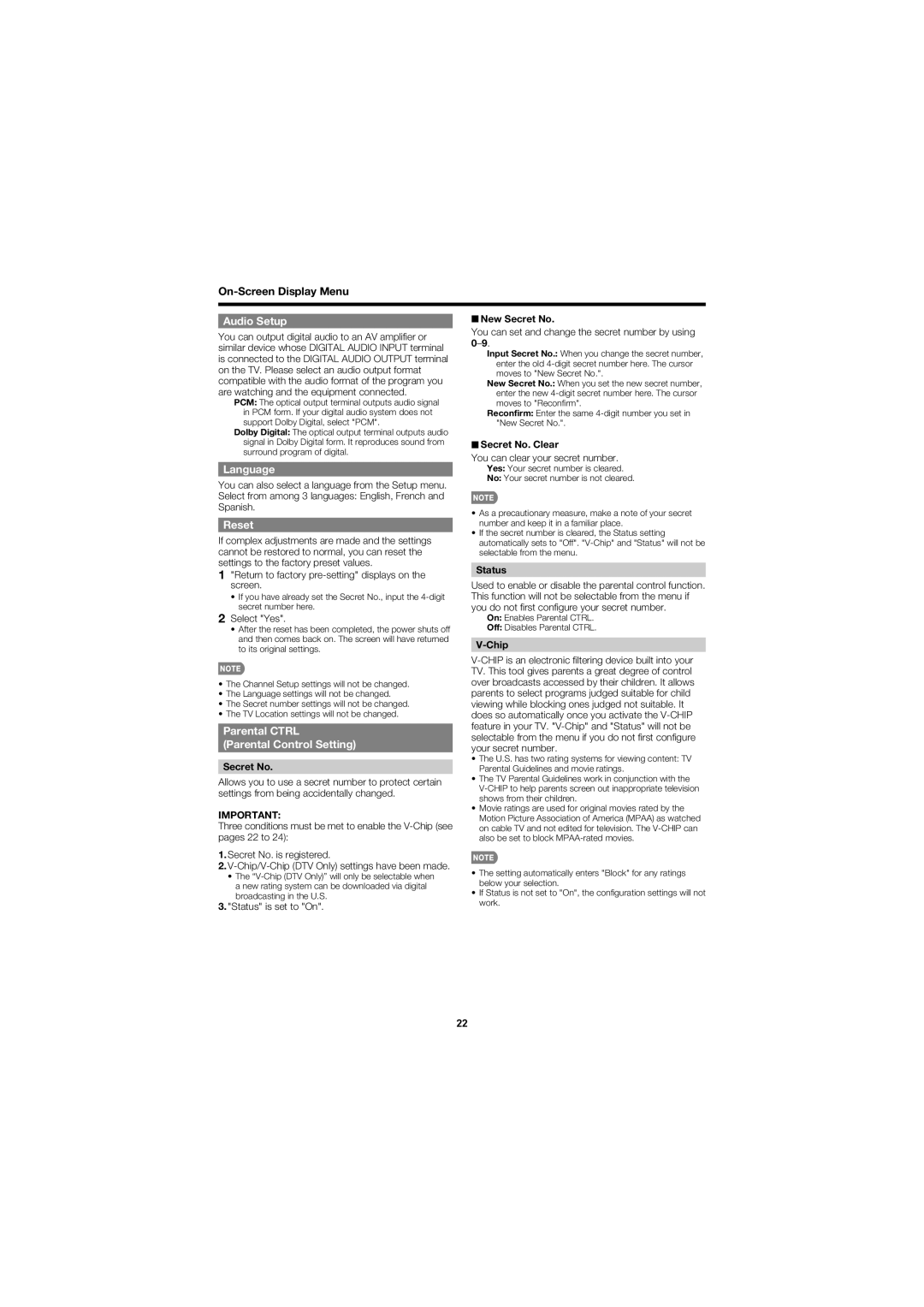 Sharp LC-32D47UN operation manual Audio Setup, Language, Reset, Parental Ctrl Parental Control Setting 