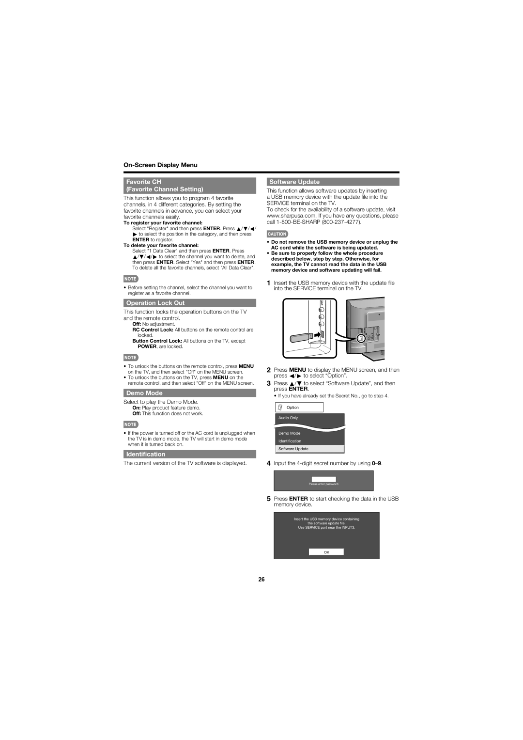 Sharp LC-32D47UN Favorite CH Favorite Channel Setting, Operation Lock Out, Demo Mode, Identiﬁcation Software Update 