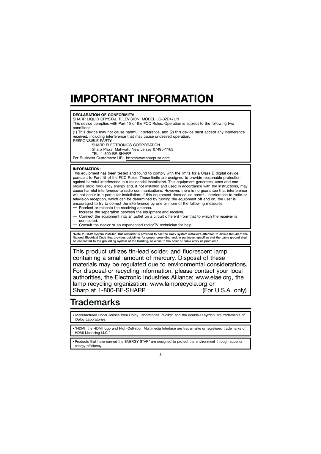 Sharp LC-32D47UN operation manual Important Information 