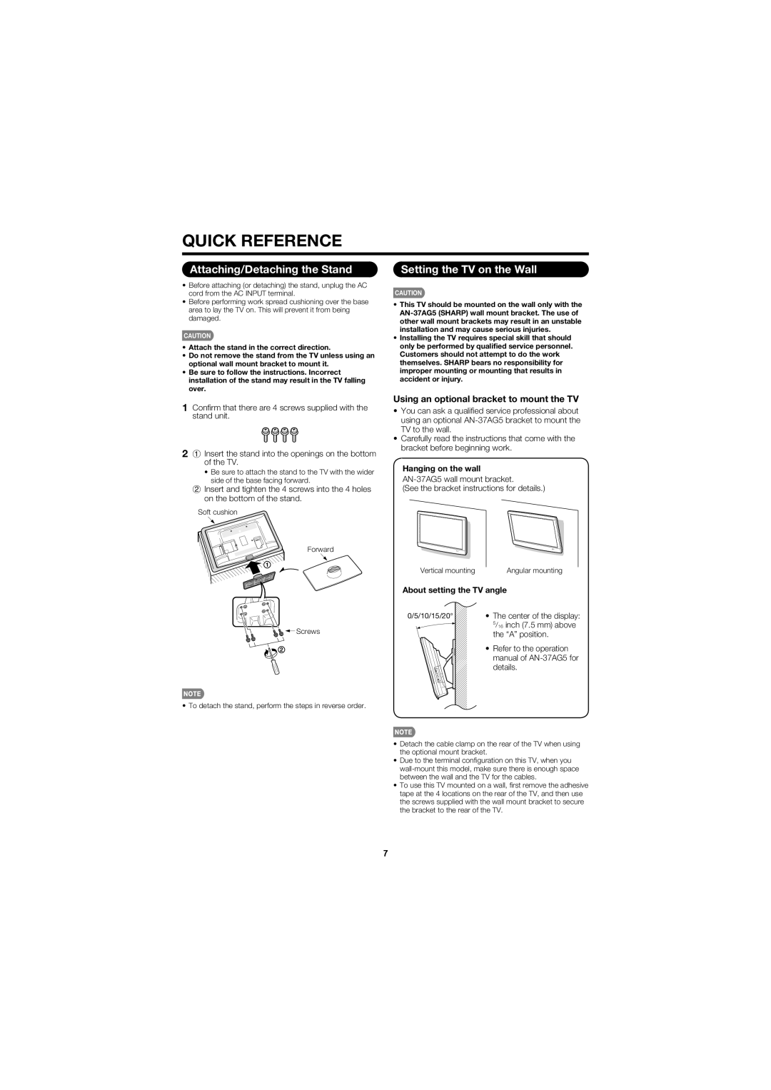 Sharp LC-32D47UN Attaching/Detaching the Stand, Setting the TV on the Wall, Using an optional bracket to mount the TV 