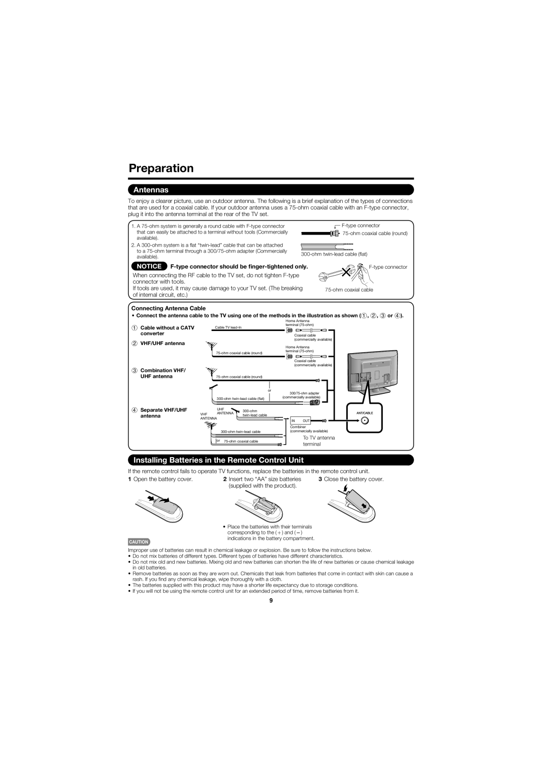 Sharp LC-32D47UN Preparation, Antennas, Installing Batteries in the Remote Control Unit, Connecting Antenna Cable 