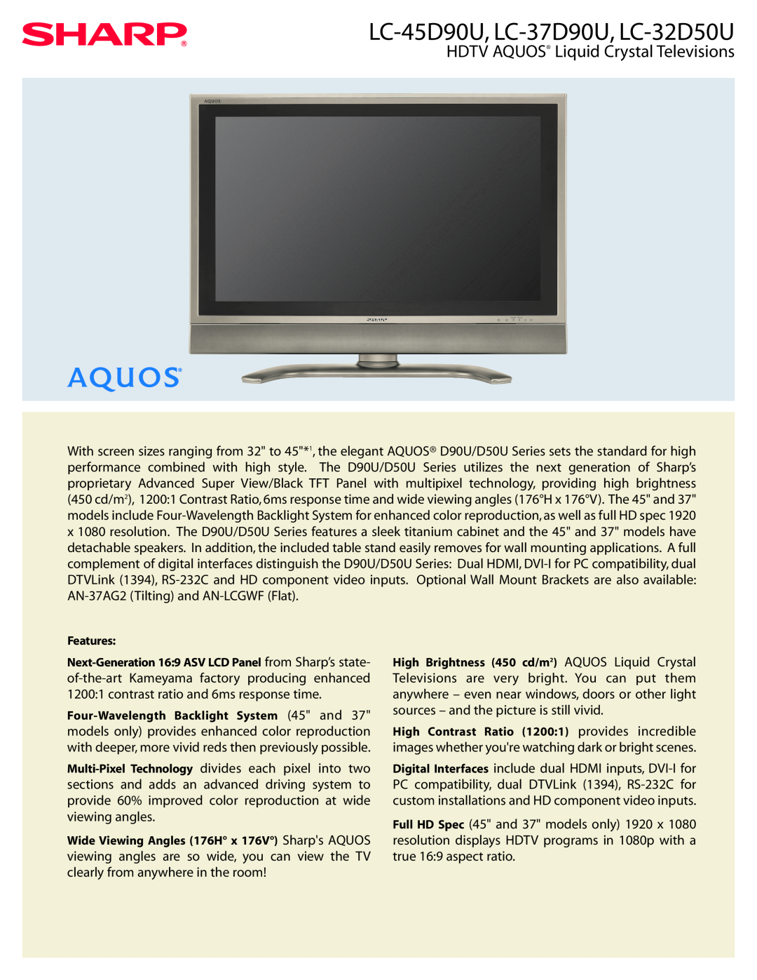 Sharp LC-45D90U, LC-37D90U, LC-32D50U, LC 32D50U manual HDTV AQUOS Liquid Crystal Televisions 