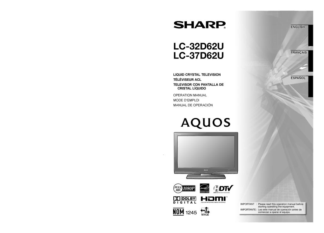 Sharp operation manual LC-32D62U LC-37D62U 