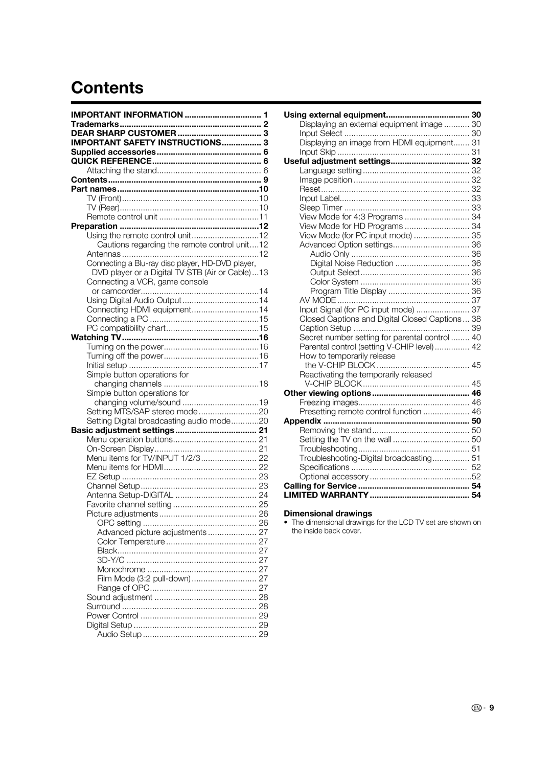 Sharp LC-32D62U operation manual Contents 