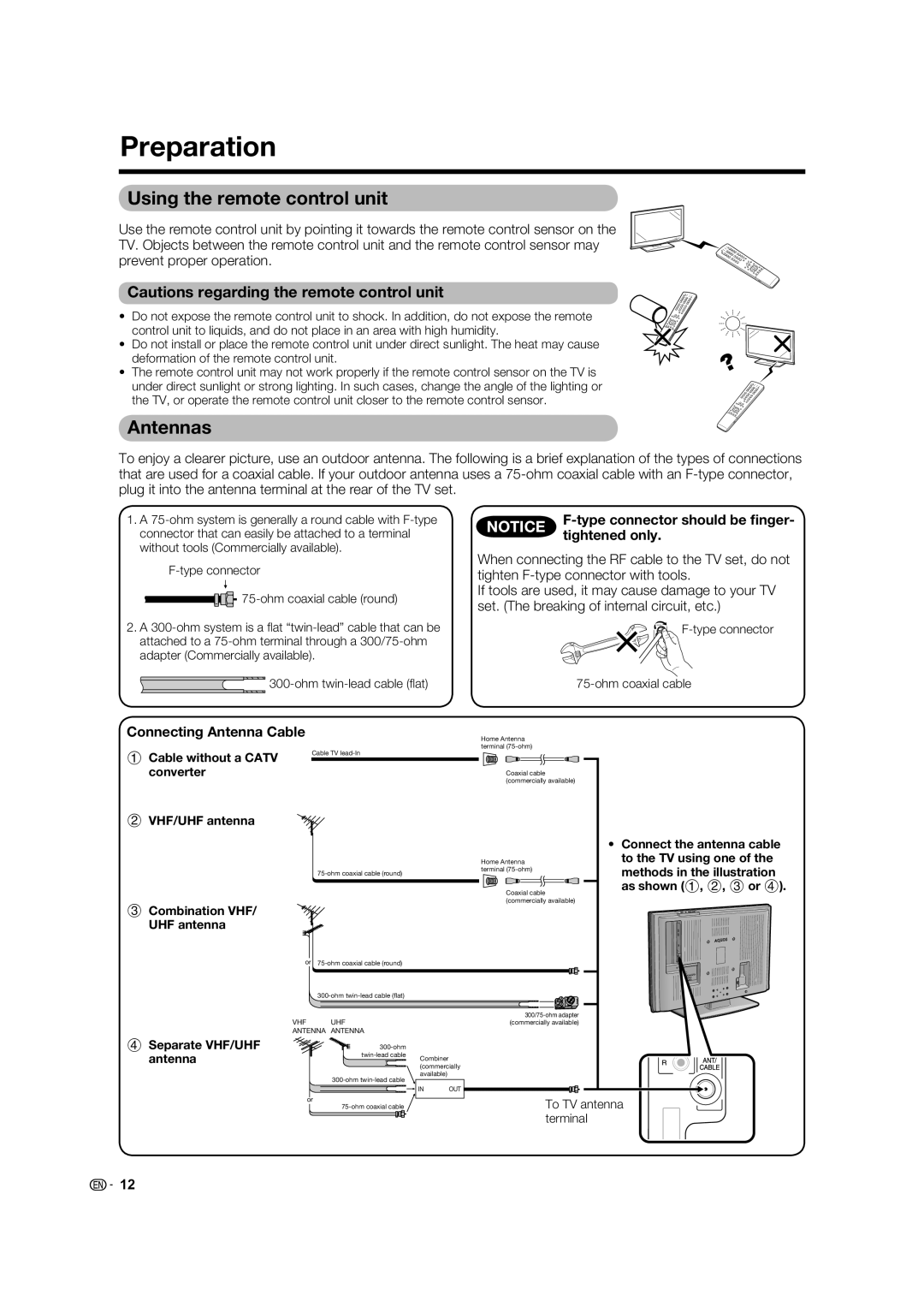 Sharp LC-32D62U operation manual Preparation, Using the remote control unit, Antennas 