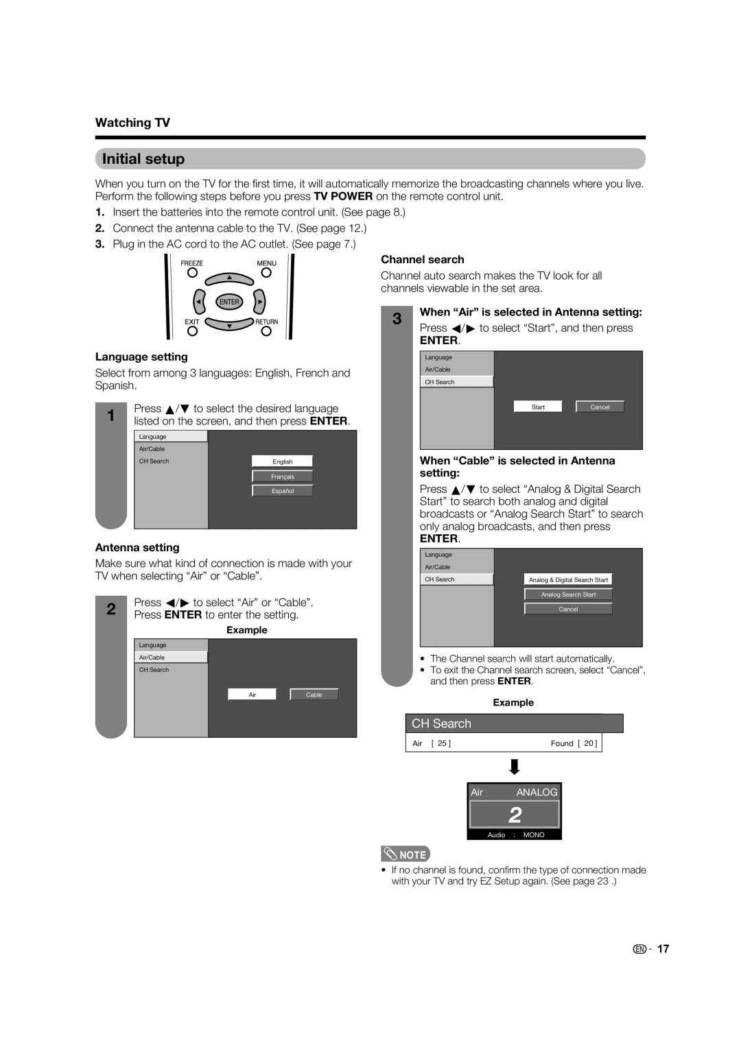 Sharp LC-32D62U operation manual Initial setup, Watching TV 