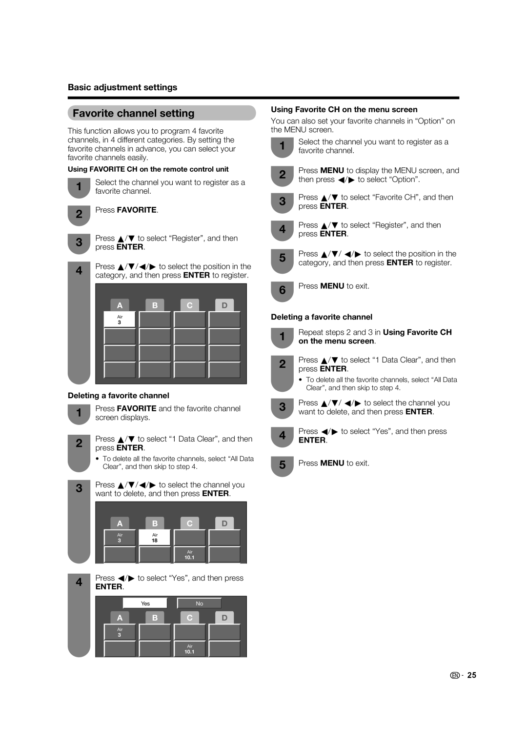 Sharp LC-32D62U Favorite channel setting, Using Favorite CH on the menu screen, Press Favorite, On the menu screen 