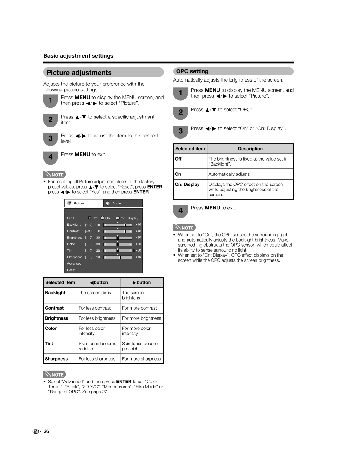 Sharp LC-32D62U operation manual Picture adjustments, OPC setting 