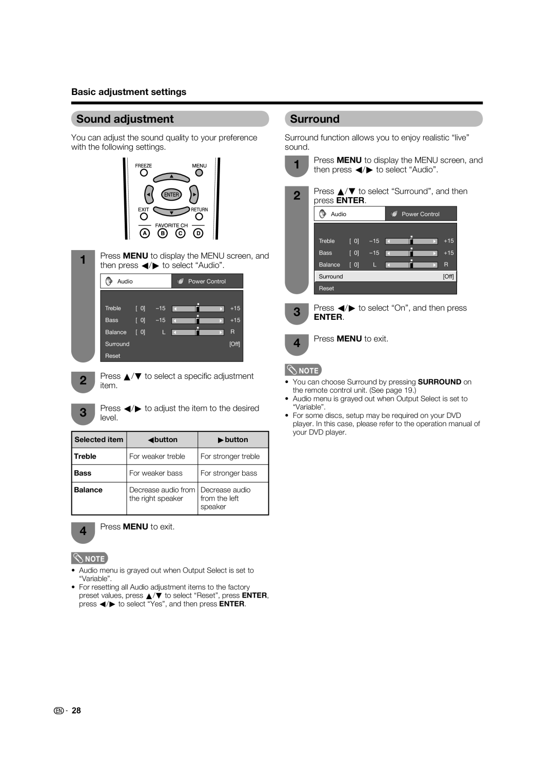 Sharp LC-32D62U operation manual Sound adjustment, Surround function allows you to enjoy realistic live sound 