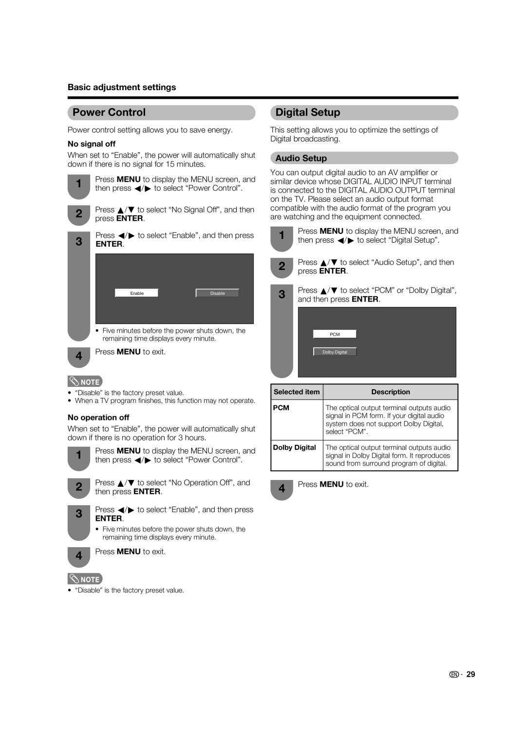 Sharp LC-32D62U operation manual Power Control, Digital Setup, Audio Setup, No signal off, No operation off 