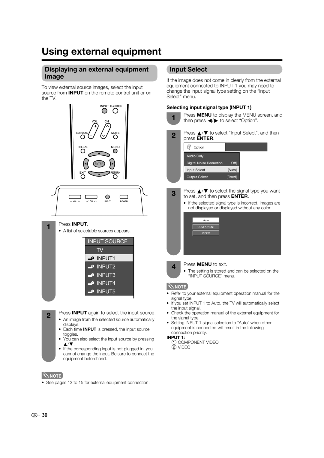 Sharp LC-32D62U operation manual Using external equipment, Displaying an external equipment image, Input Select 