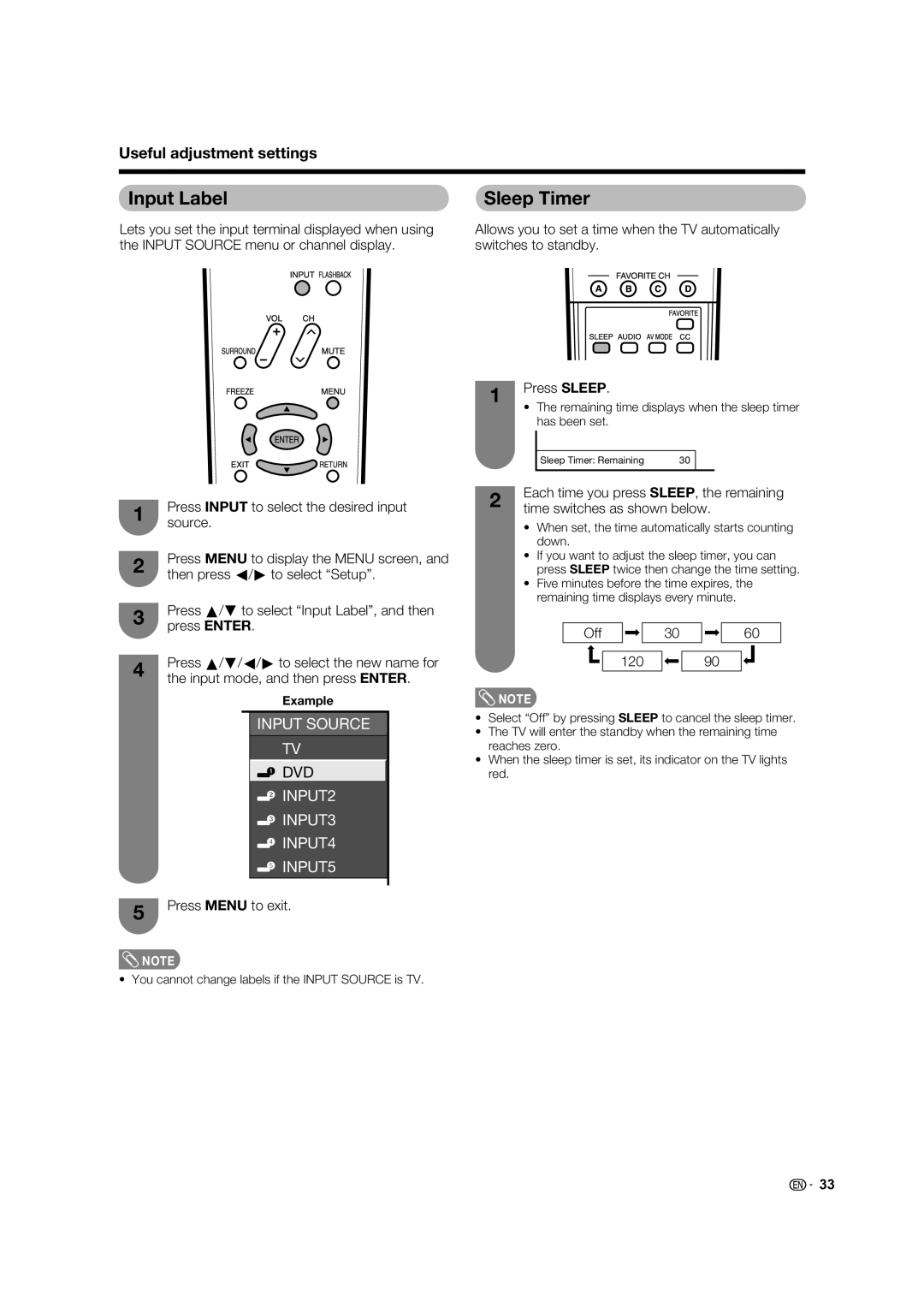 Sharp LC-32D62U operation manual Input Label Sleep Timer, Useful adjustment settings 