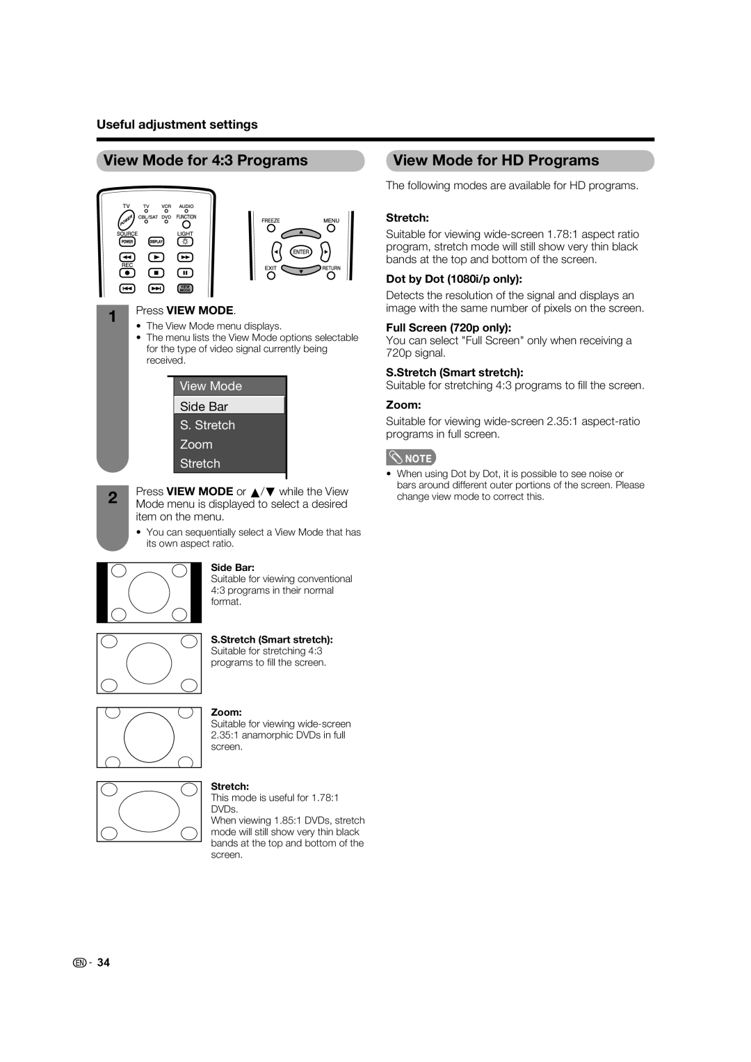 Sharp LC-32D62U operation manual View Mode for 43 Programs, View Mode for HD Programs 